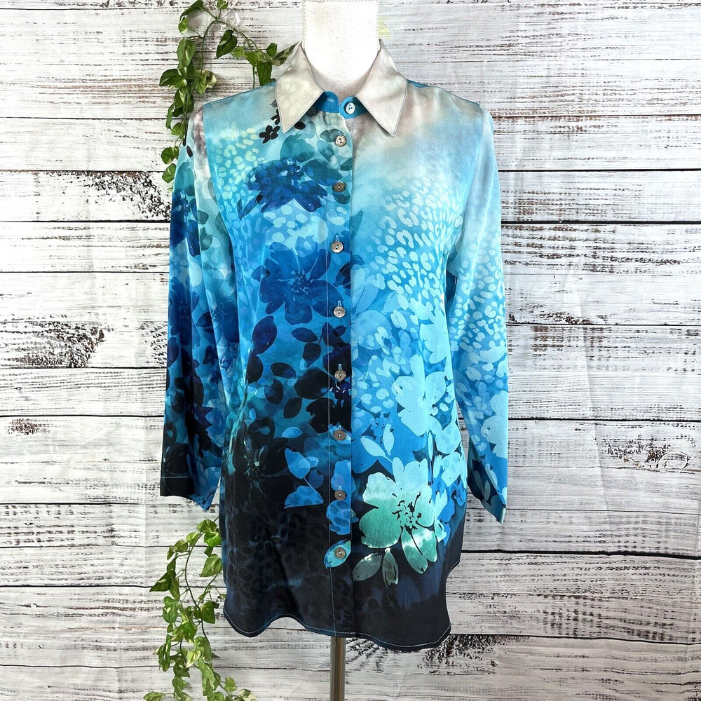 Soft Surroundings Blouse size Small Petite Blue Floral Silk Cottage Core Stretch